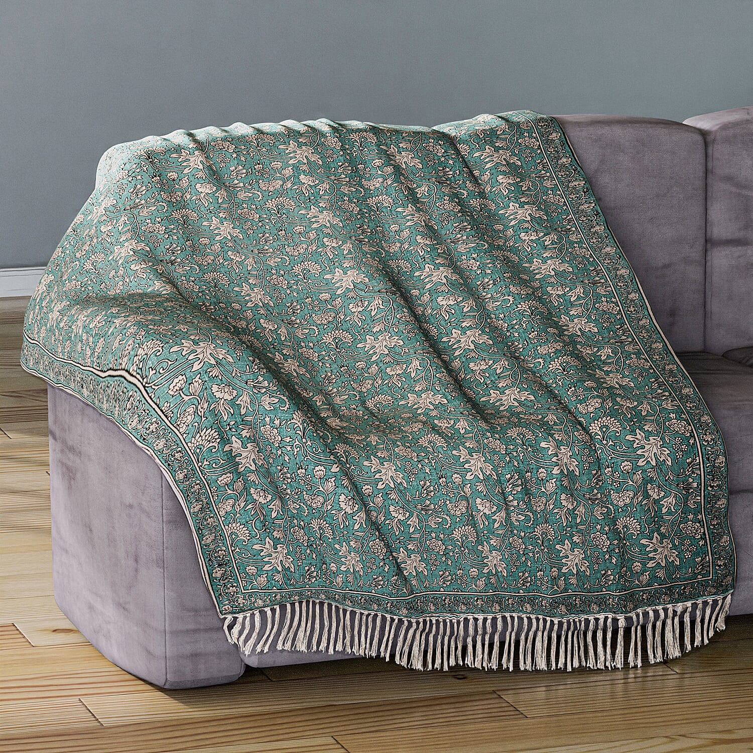 100% Cotton Woven Floral Printed Throw (Size 180x130 cm) - Green & White