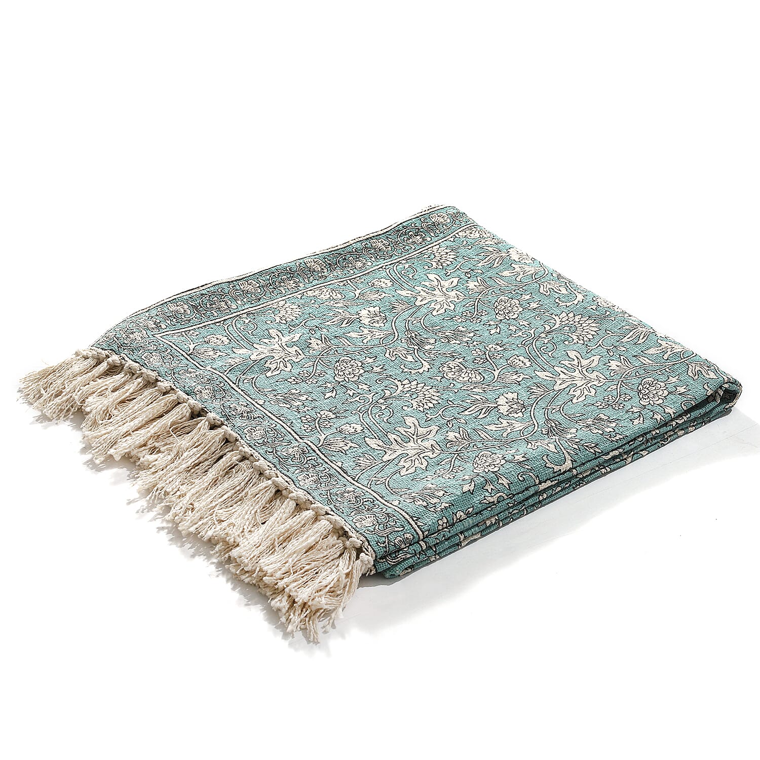 100% Cotton Woven Floral Printed Throw (Size 180x130 cm) - Green & White