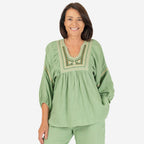 100% Cotton Tamsy Embroiderd Gauze Top Size XXL (20-22) - Green