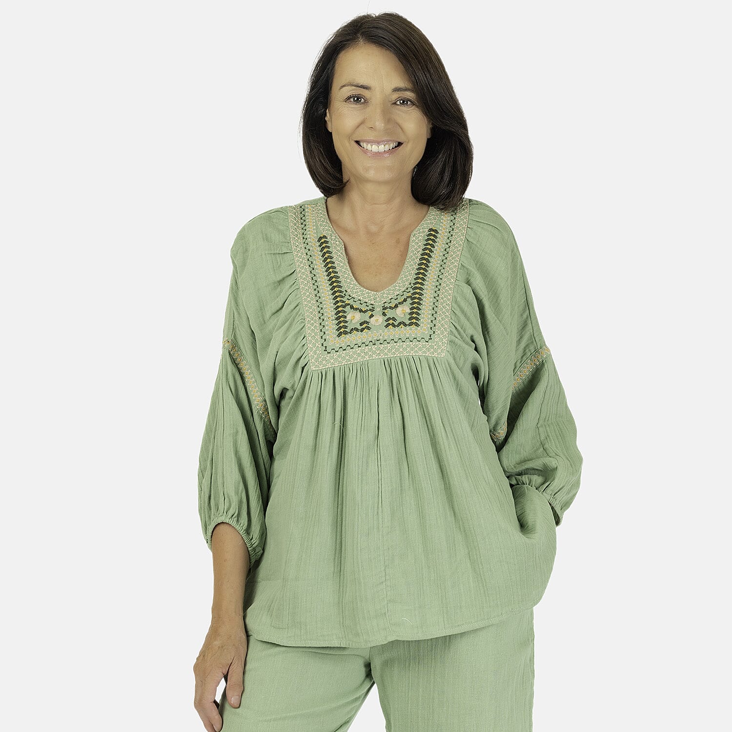 100% Cotton Tamsy Embroiderd Gauze Top Size XXL (20-22) - Green