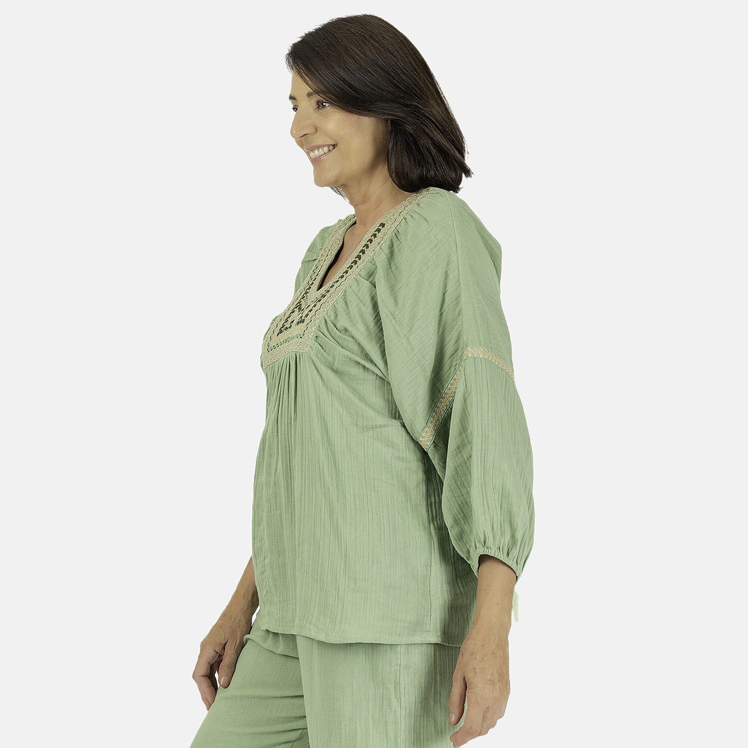 100% Cotton Tamsy Embroiderd Gauze Top Size XXL (20-22) - Green