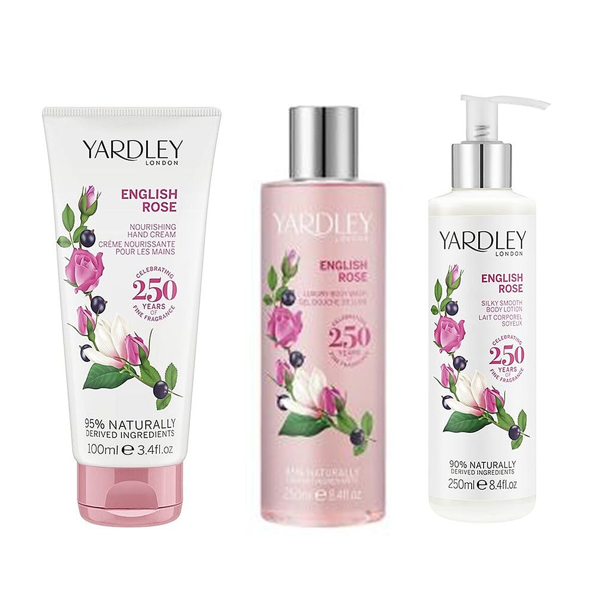 Yardley English Rose 250ml Body Wash, 250ml Body Lotion - 100ml Hand Cream