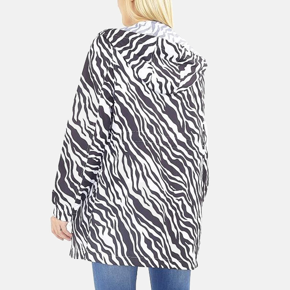 Zebra Pattern Water Resistant Hooded Rain Jackets (Size 18) - Black and White