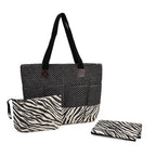 Set of 3- Zebra Pattern Tote Bag, Pouch - Picnic Mat - Black - White