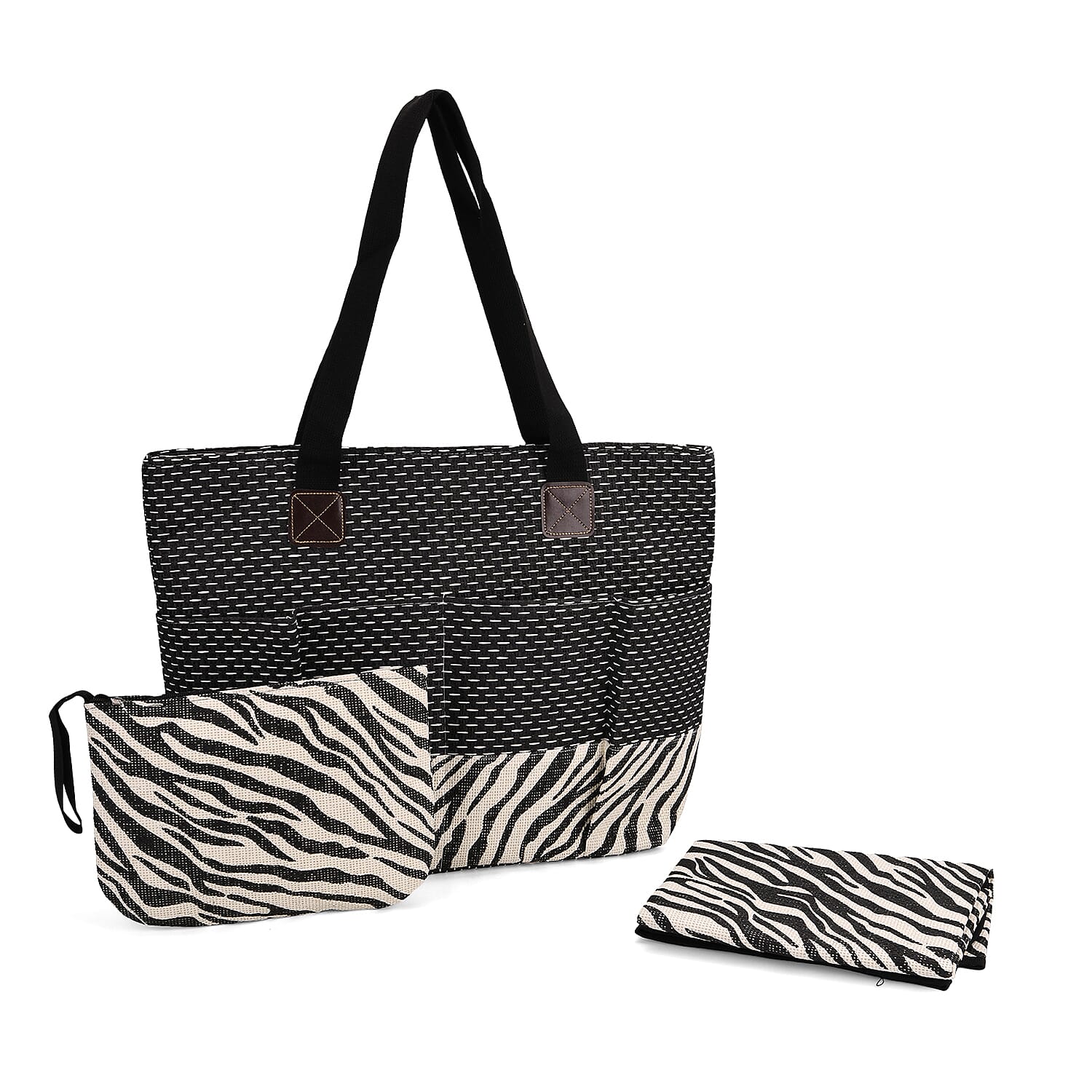 Set of 3- Zebra Pattern Tote Bag, Pouch - Picnic Mat - Black - White
