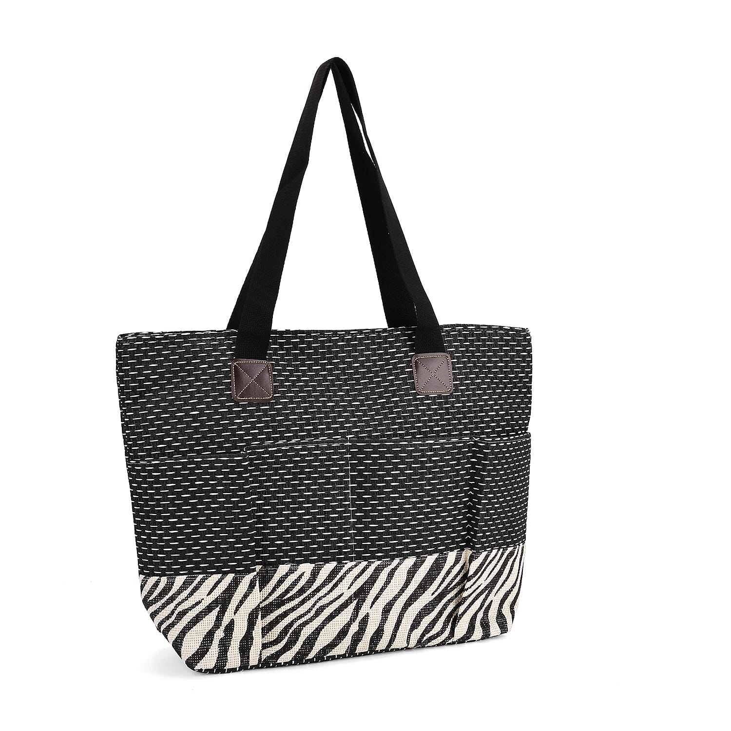Set of 3- Zebra Pattern Tote Bag, Pouch - Picnic Mat - Black - White