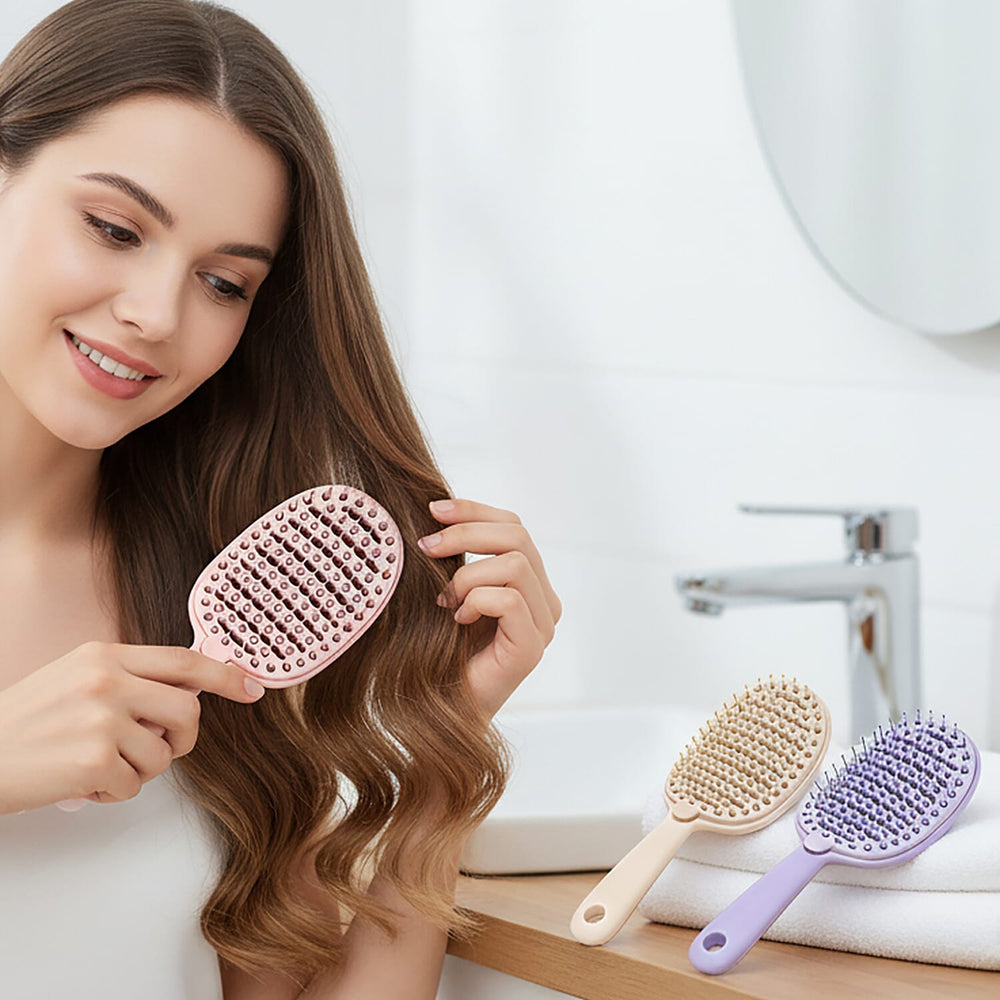THE BEST VALUE OFFER 2025 - Self-Cleaning and hair detangling Hair Brush Set - Pink, Purple - Cream PACK OF 3