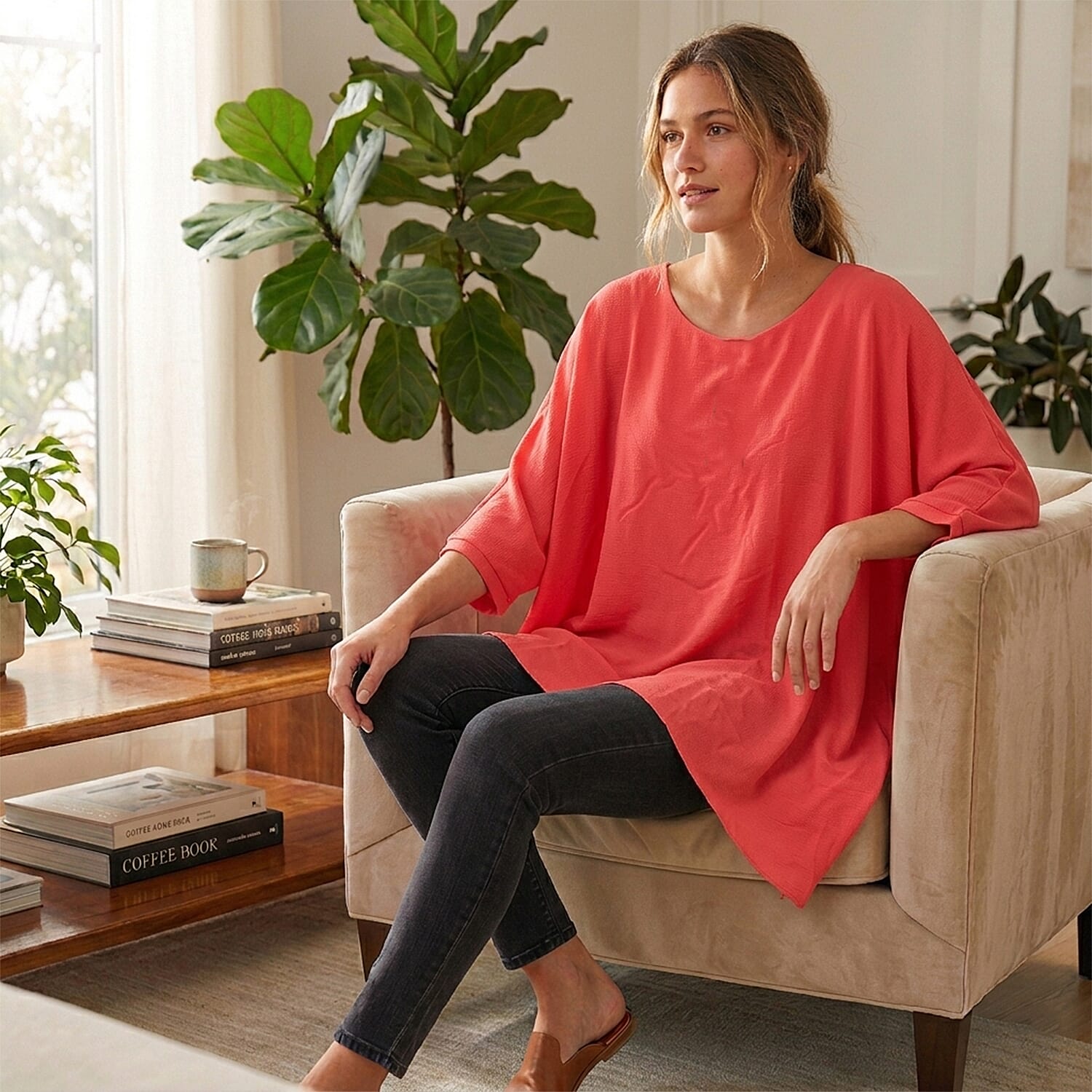 Pure And Nature Plain Batwing Floaty Top With Lining (One size) - Coral