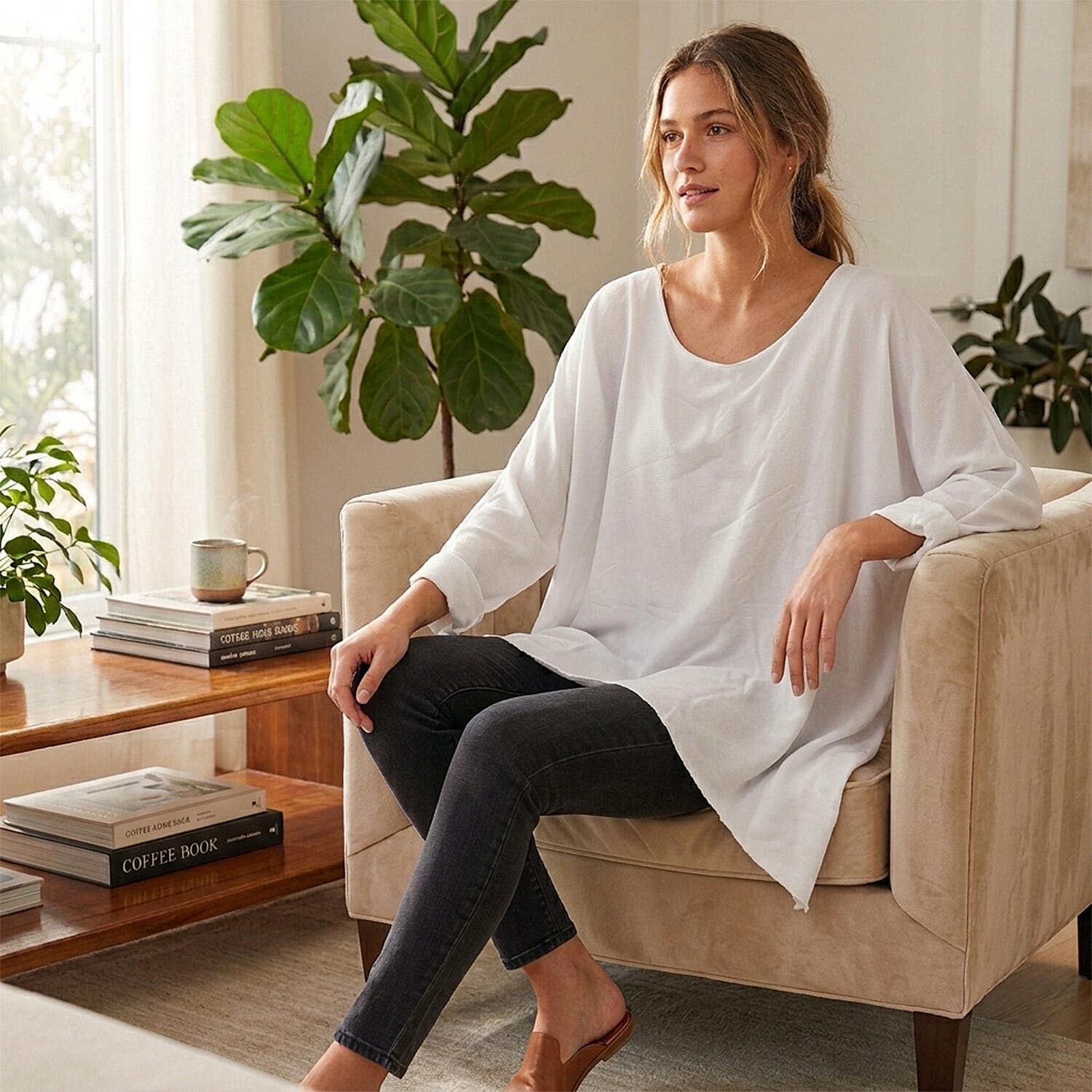 Pure And Nature Plain Batwing Floaty Top With Lining (One size) - White