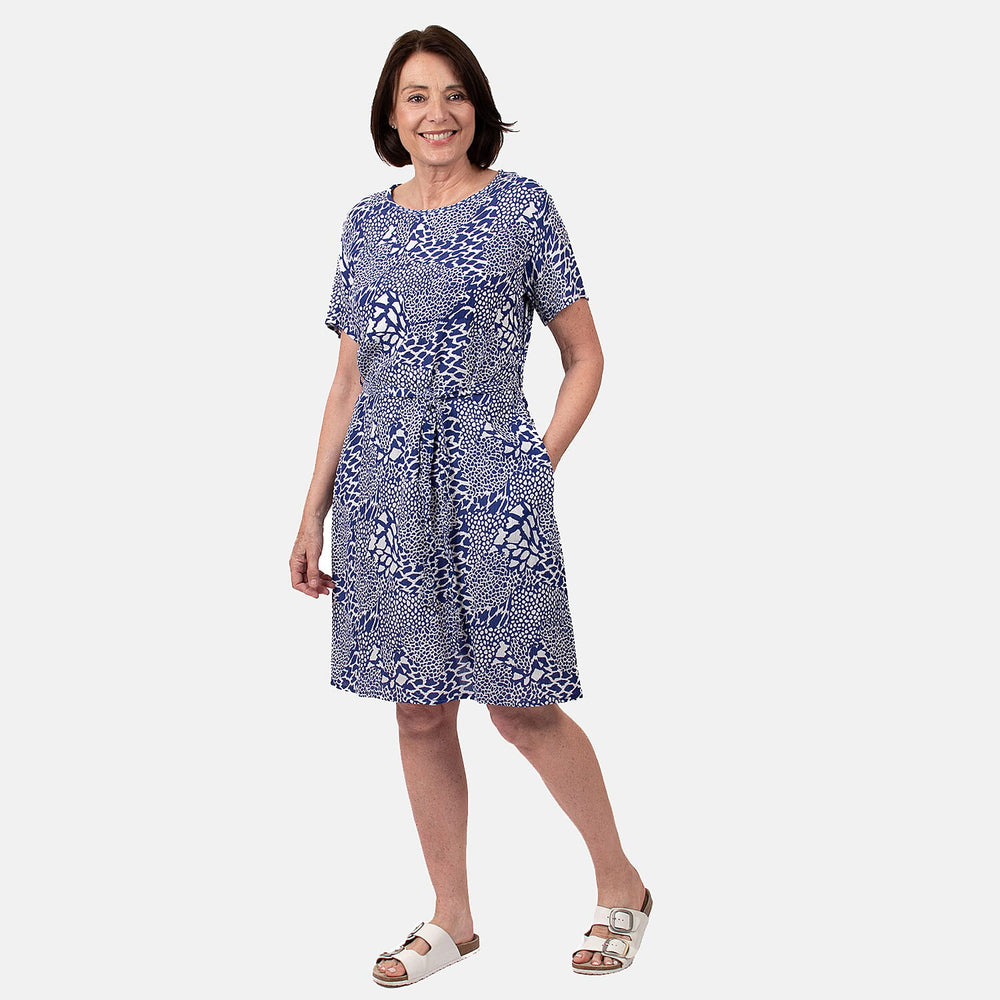 Pure and Natural 100% Viscose Woven Knee Length Dress with Short Sleeve (Size XL) - Blue