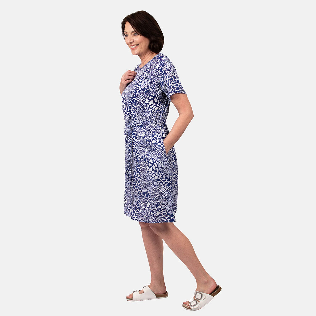 Pure and Natural 100% Viscose Woven Knee Length Dress with Short Sleeve (Size XL) - Blue
