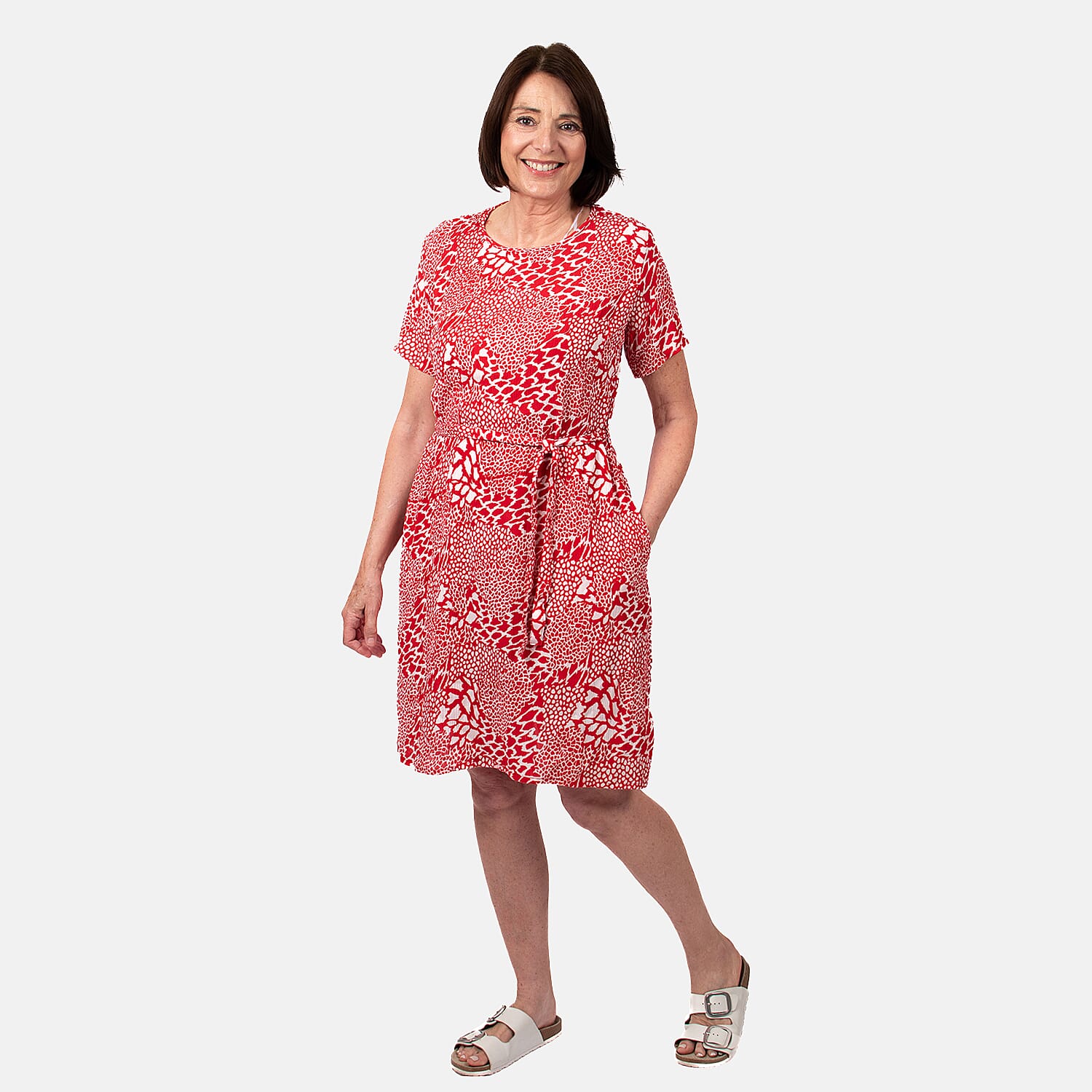 Pure and Natural 100% Viscose Woven Knee Length Dress with Short Sleeve (Size XL) - Red