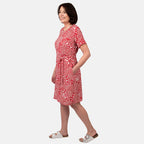 Pure and Natural 100% Viscose Woven Knee Length Dress with Short Sleeve (Size XL) - Red