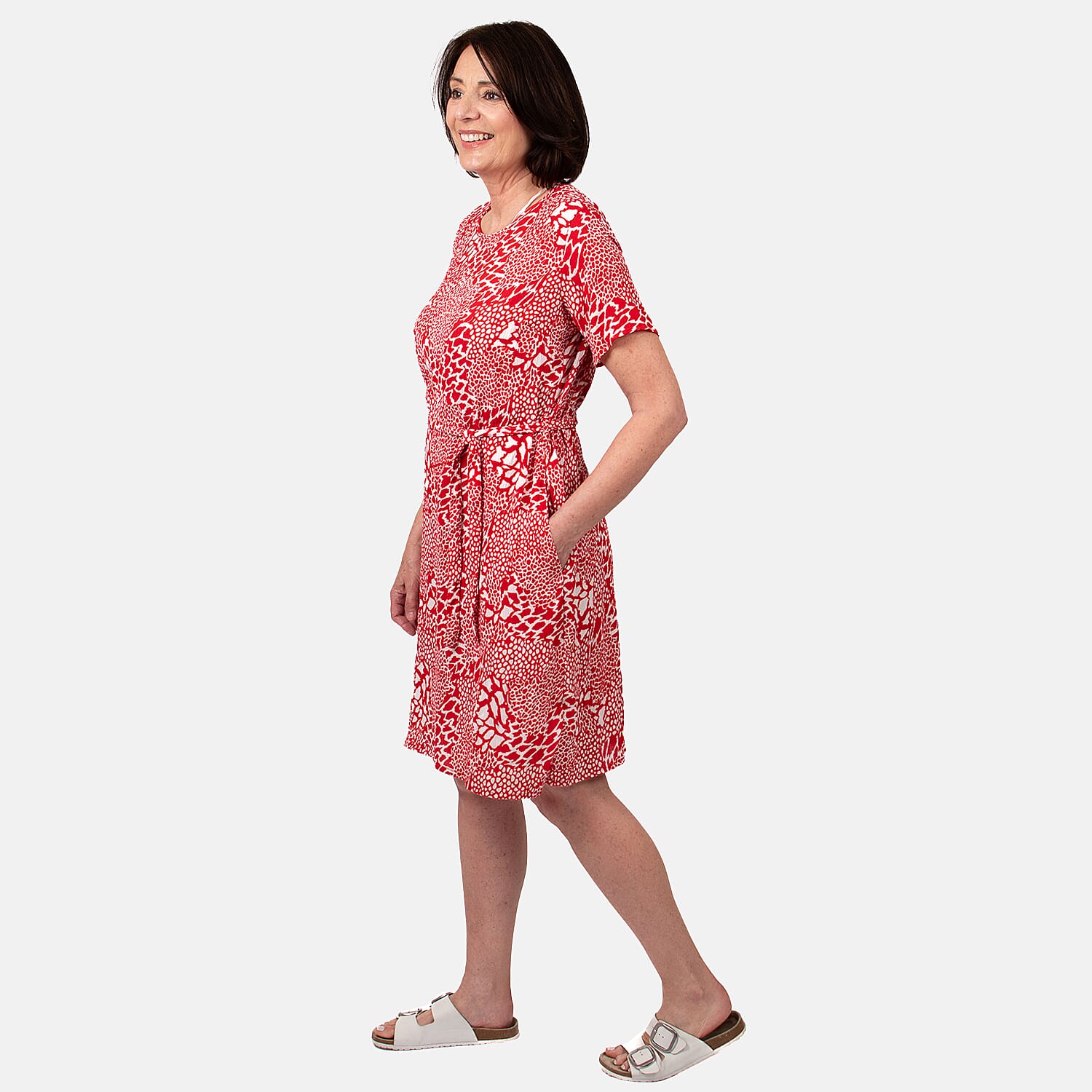 Pure and Natural 100% Viscose Woven Knee Length Dress with Short Sleeve (Size XL) - Red
