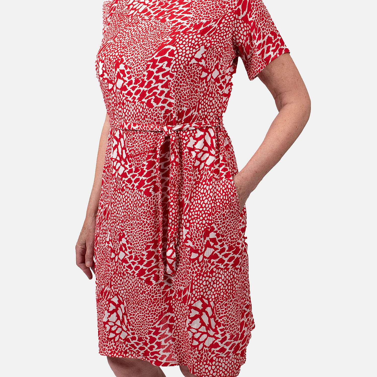 Pure and Natural 100% Viscose Woven Knee Length Dress with Short Sleeve (Size XL) - Red