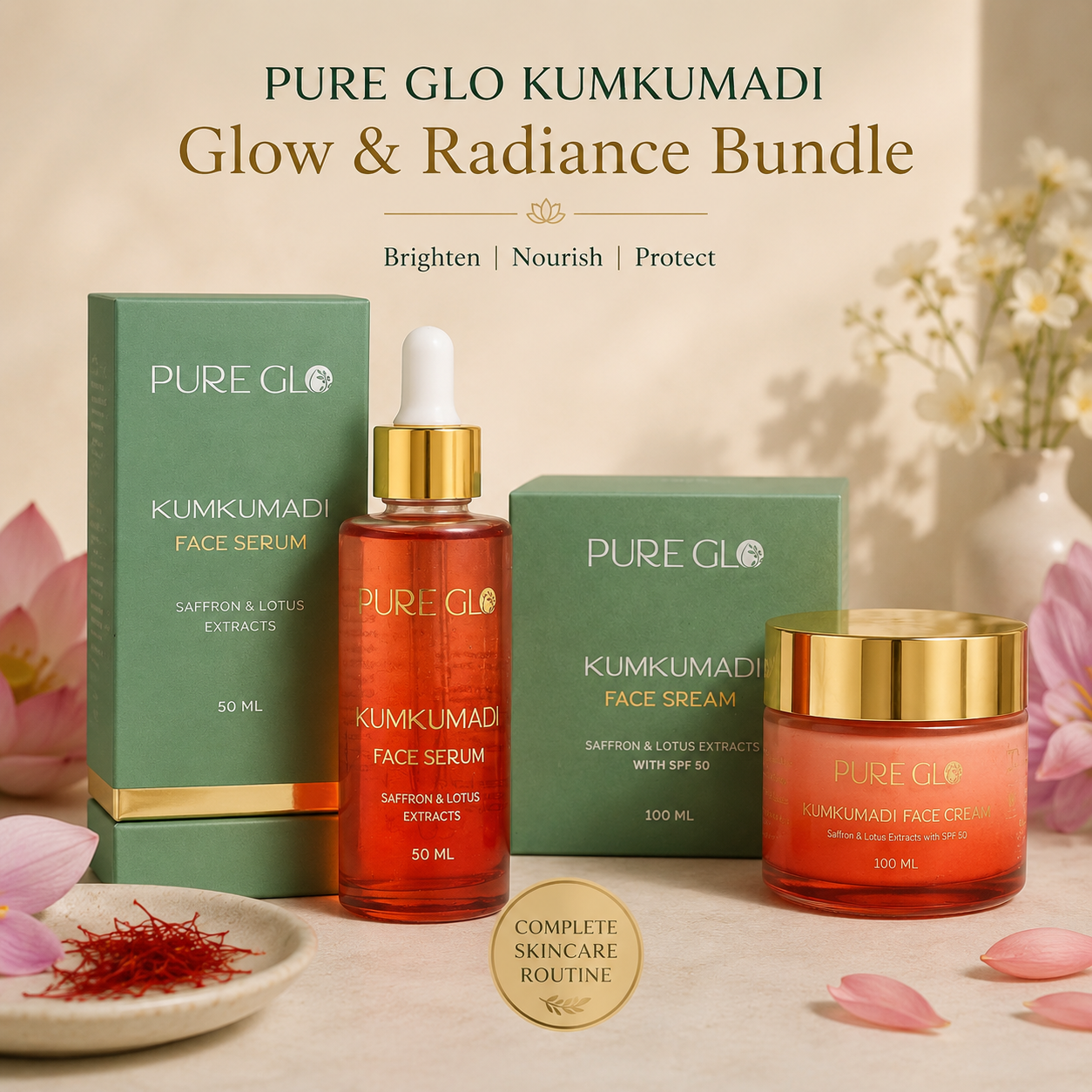 Pure Glo Kumkumadi Glow and Radiance Bundle – Facial Serum 50ml and Facial Cream SPF 50 100ml