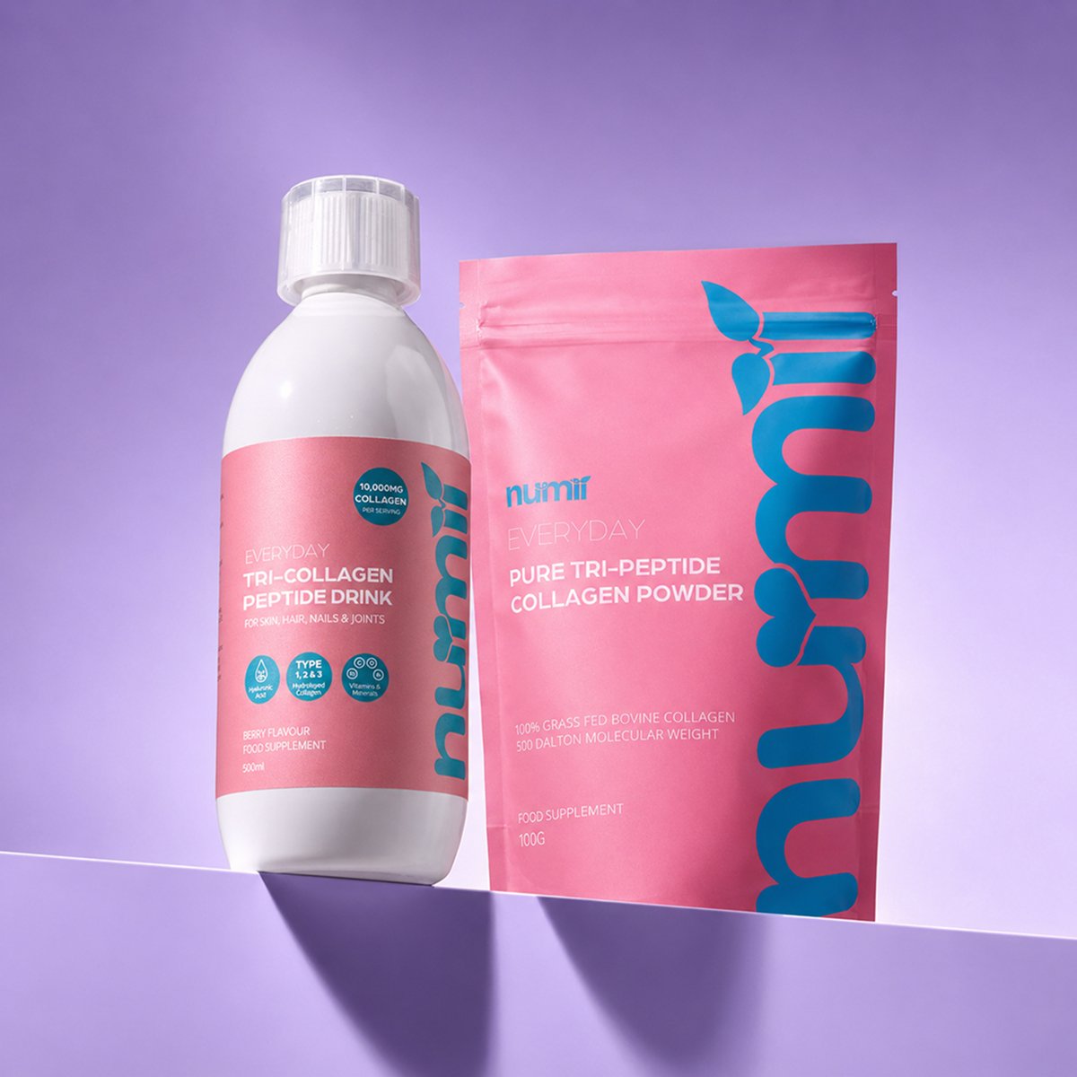 NuMii Complete Collagen Bundle – Tri-Peptide Collagen Drink 10,000mg and Pure Collagen Powder 100g (2-Piece Set)