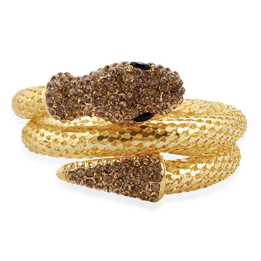 Black & Champagne Colour Austrian Crystal Snake Design Bracelet (Adjustable) in Gold Tone