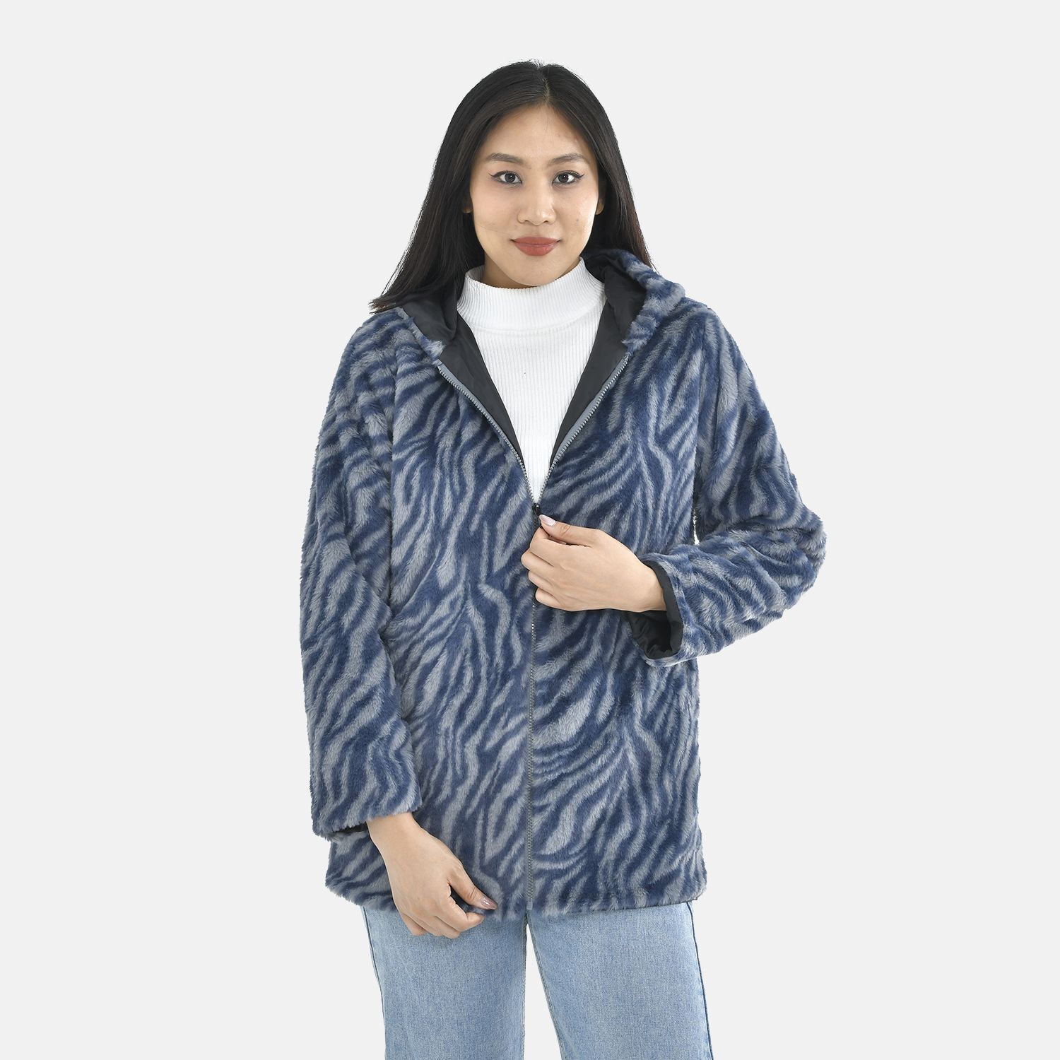 Tamsy Zebra Pattern Faux Fur Hoodie (Size M,12-14) - Grey - Blue