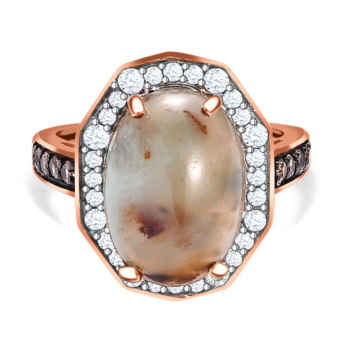 Zimbaprase, Natural White Zircon and Brown Zircon Ring in 18K Vermeil Rose Gold Plated Sterling Silv