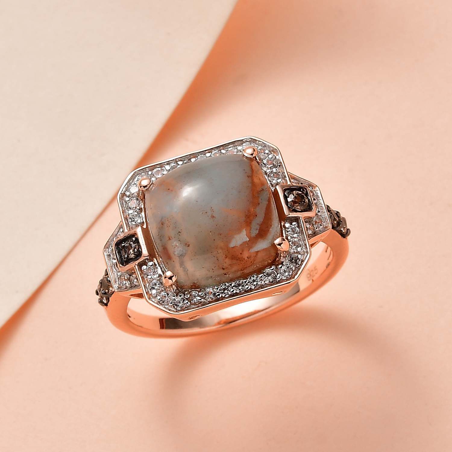 Zimbaprase, Natural White Zircon and Brown Zircon Ring in 18K Vermeil Rose Gold Plated Sterling Silver 6.88 Ct