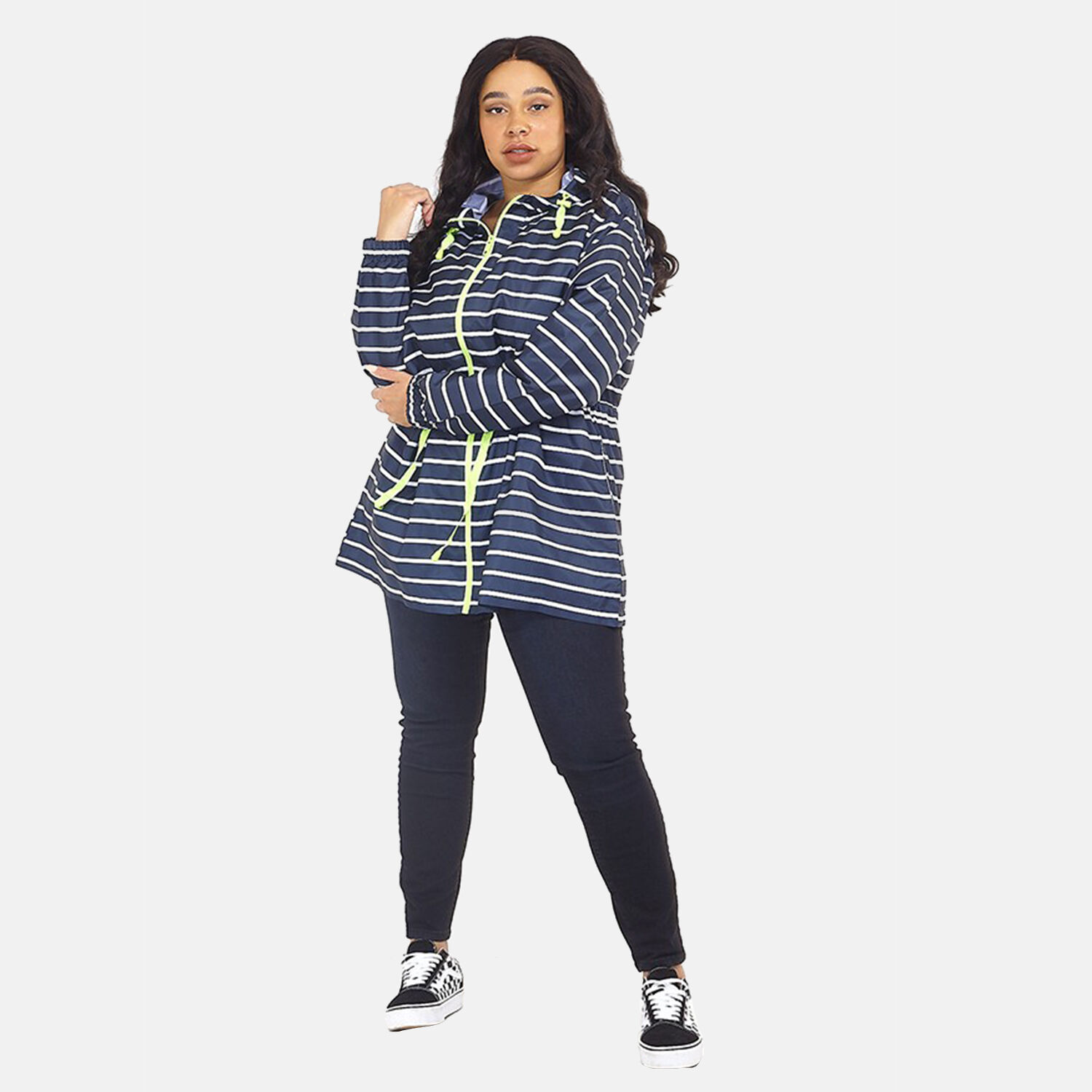 Brave Soul Stripe Pattern Hooded Zip Fastening Mac - Navy & White