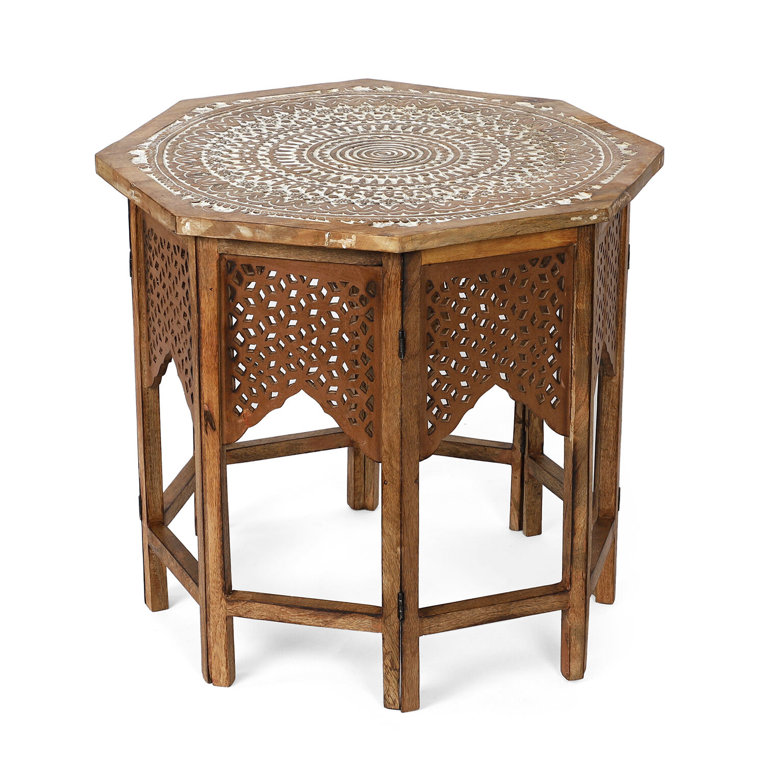 Hand Carved Octagon Shape Mango Wood Table (Size 66x66x56 Cm)