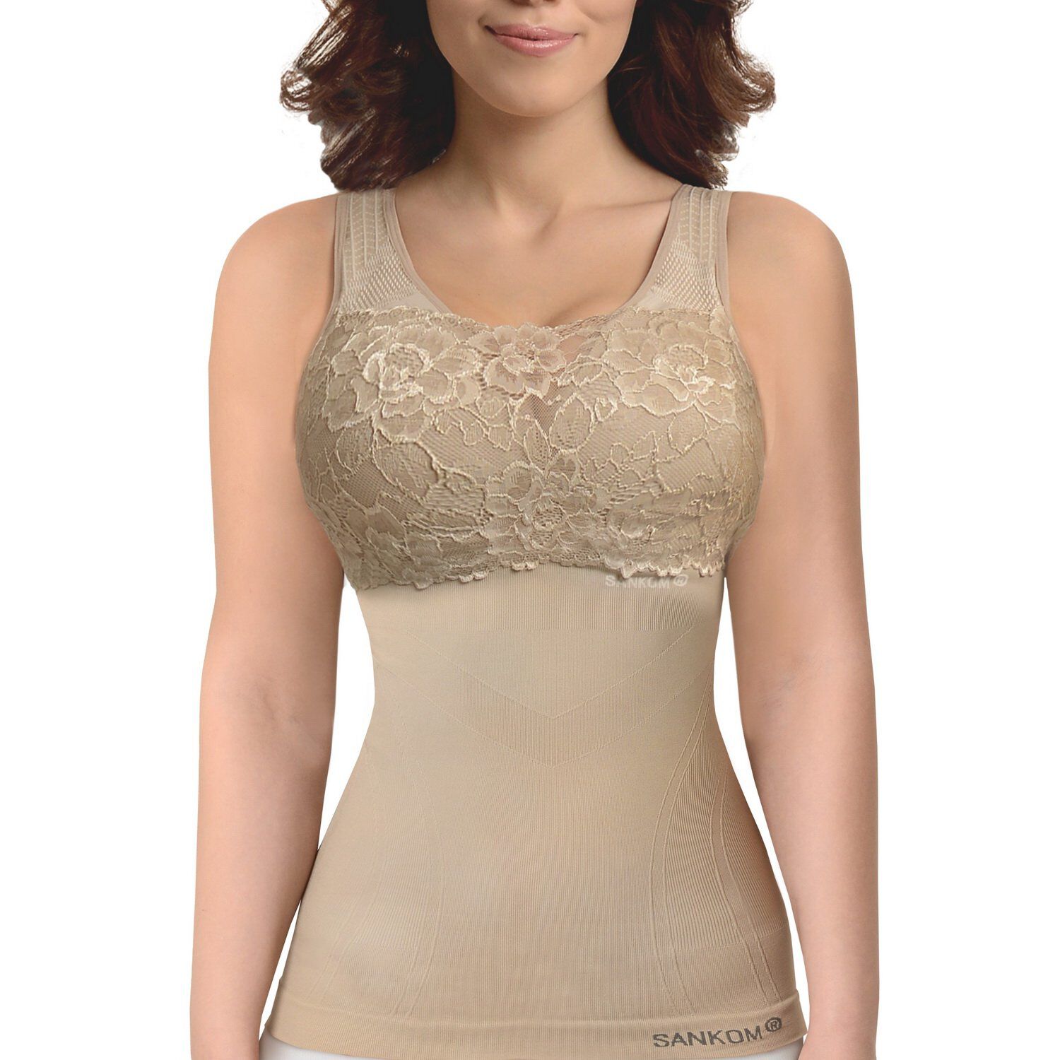 SANKOM SWITZERLAND Patent Vest with Bra and Lace - Beige 