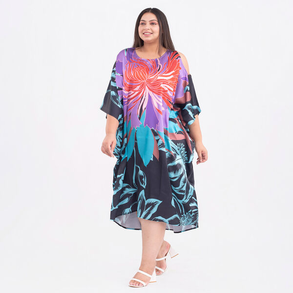 TAMSY Floral and Leaf Pattern Kaftan (One Size, 8-18) - Black and Multi