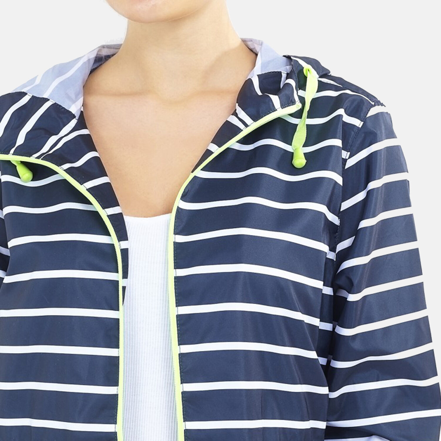 Brave Soul Stripe Pattern Water Resistant Hooded Rain Mac (Size 18) - Navy & White