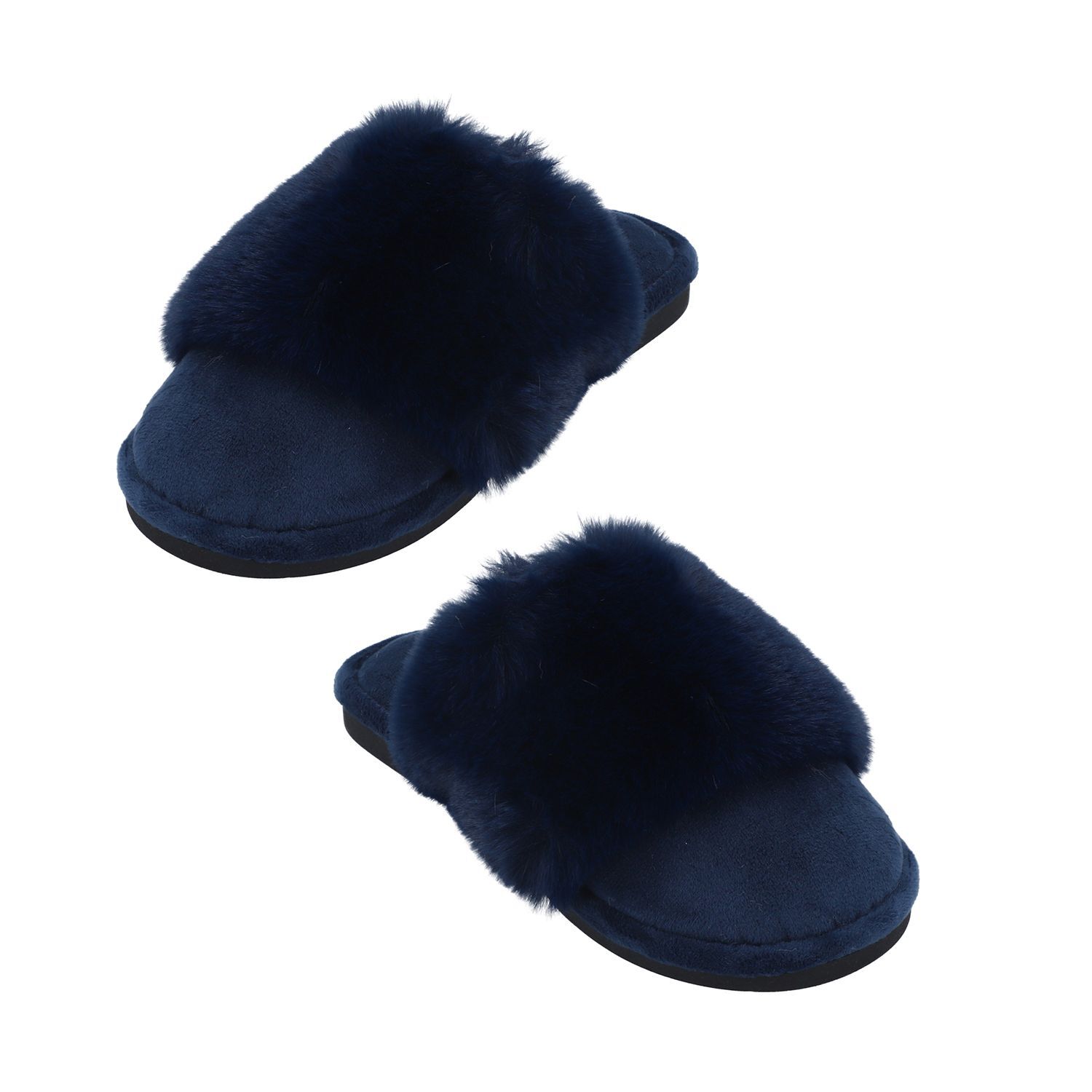 Rabbit Faux Fur Slipper with Waterproof TPR Proctection (Size 3-4) - Navy Blue