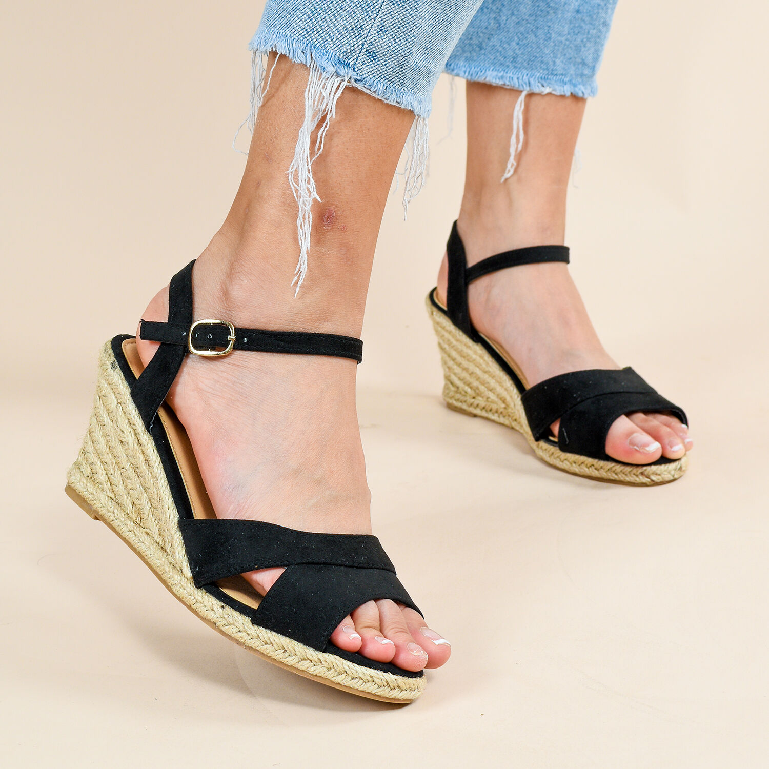 LA MAREY Open Toe High Heels Espadrilles Sandals (Size 3) - Black