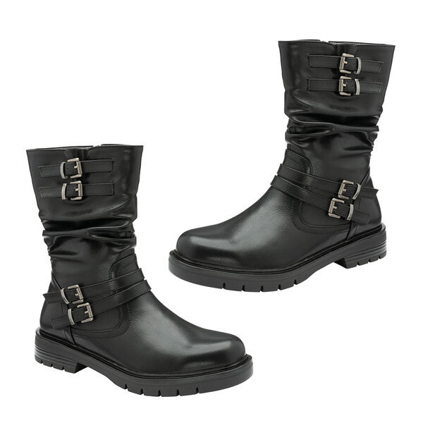 RAVEL Calf Slouch Boots with Inside Zip and Buckles (Size 3) - Black