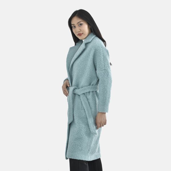 Tamsy Boucle Tie Belted Coat with 2 Side Pockets (Size S) - Aqua Blue
