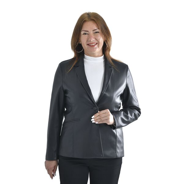 Tamsy Faux Leather Long Sleeves Blazer with Notched Lapel Collar (Size S,8-10) - Black