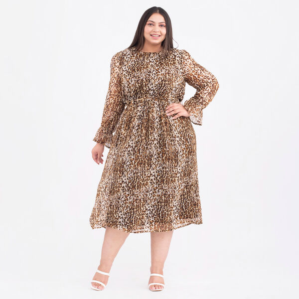 Tamsy Linning Full Sleeves Dress with Button on Back and Elastic Loop - Brown