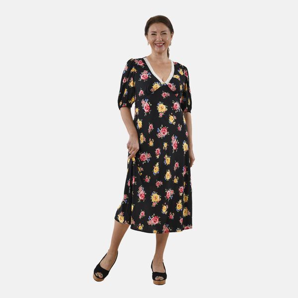 Tamsy 100% Viscose Rose Pattern Trim Dress with Lace (Size 12) -Black & Multi