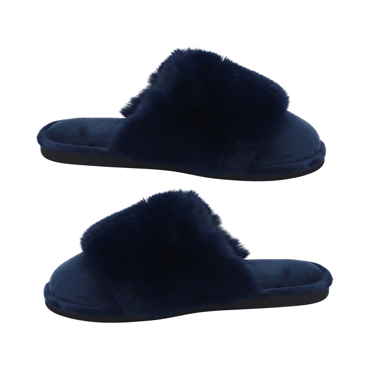 Rabbit Faux Fur Slipper with Waterproof TPR Proctection (Size 3-4) - Navy Blue