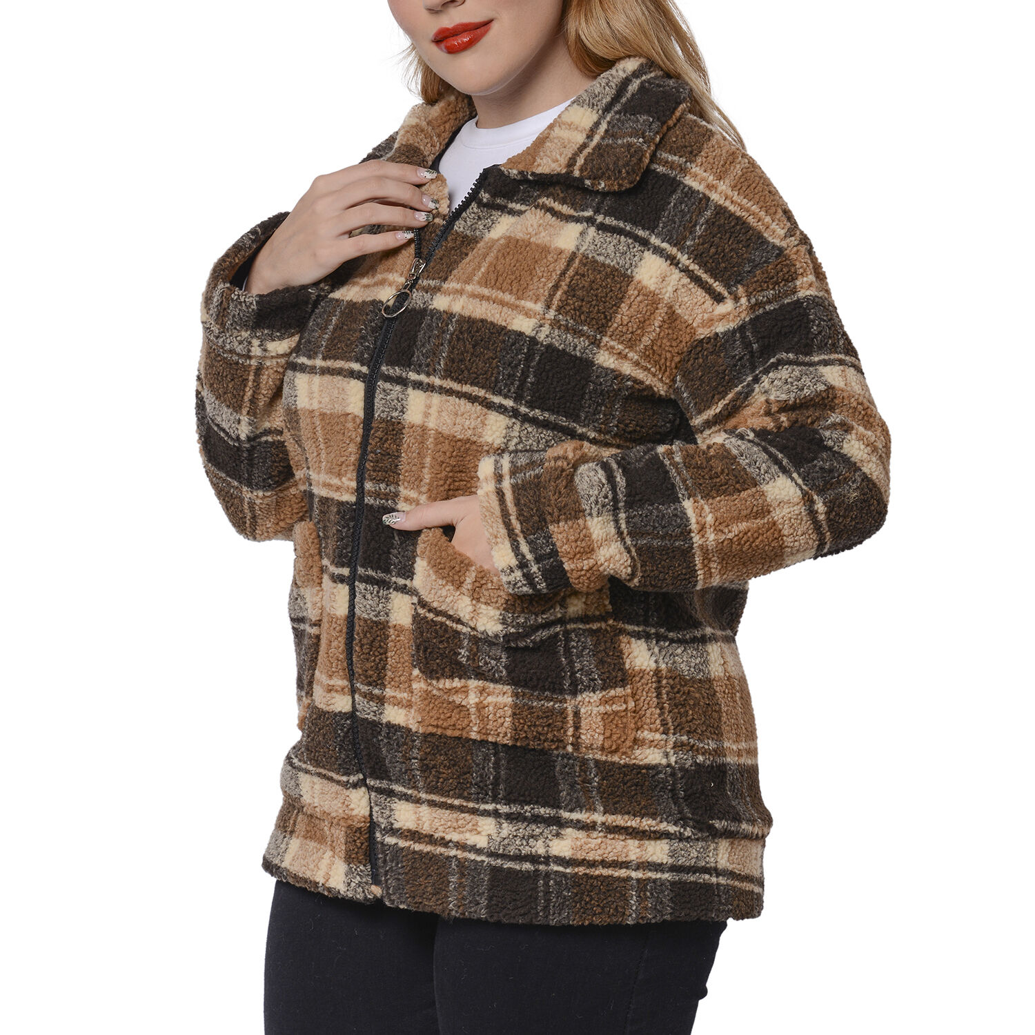Dark and Light  Brown Plaid Pattern Faux Fur Coat with Pockets (Size S; 54x70cm)