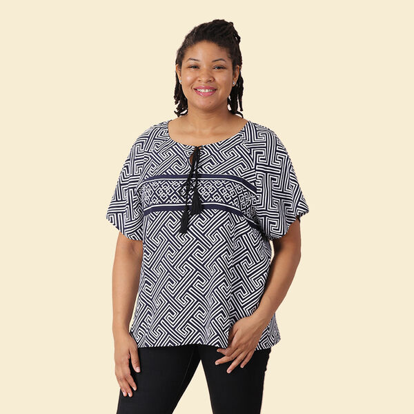JOVIE Viscose Fret Pattern Short Sleeved Woven Print Top with Tassel (Size S - 8-10) - White & Navy