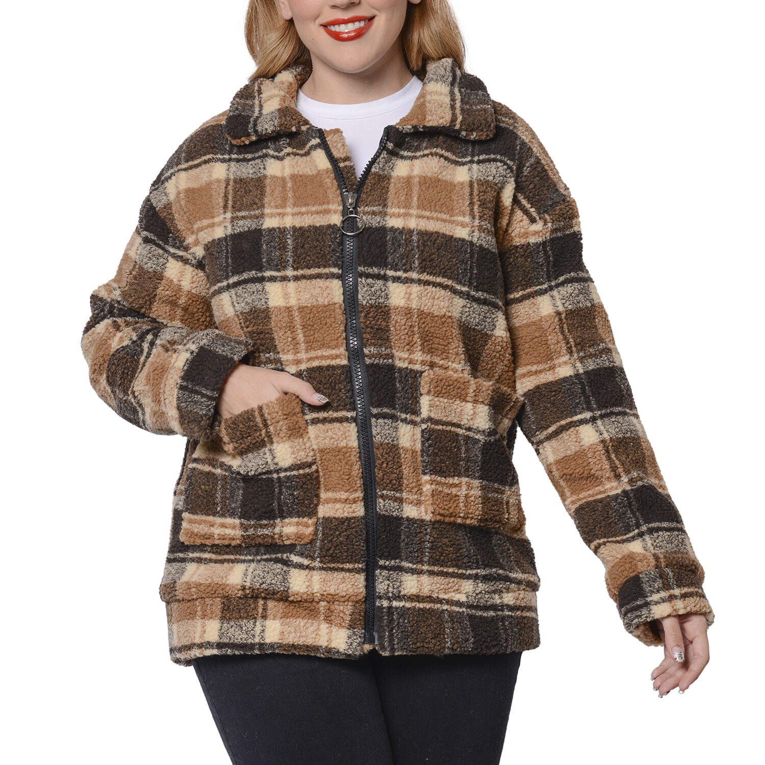 Dark and Light Brown Plaid Pattern Faux Fur Coat with Pockets