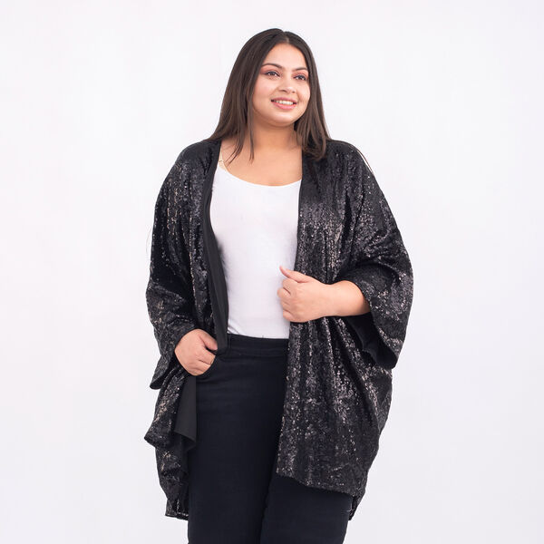 TAMSY Sequin Kimono with Poly Knit Lining (One Size 8-18) - Black