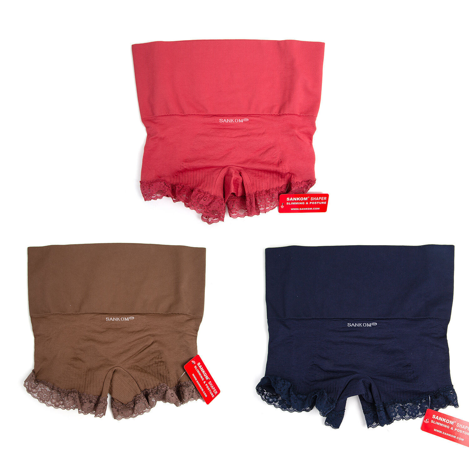 3 Piece Set- Sankom Functional Patent Body Shaper Briefs  with Lace (Size L-XL) (Size 16 to18)- Colour Dark Blue, Taupe Brown and Garnet Pink