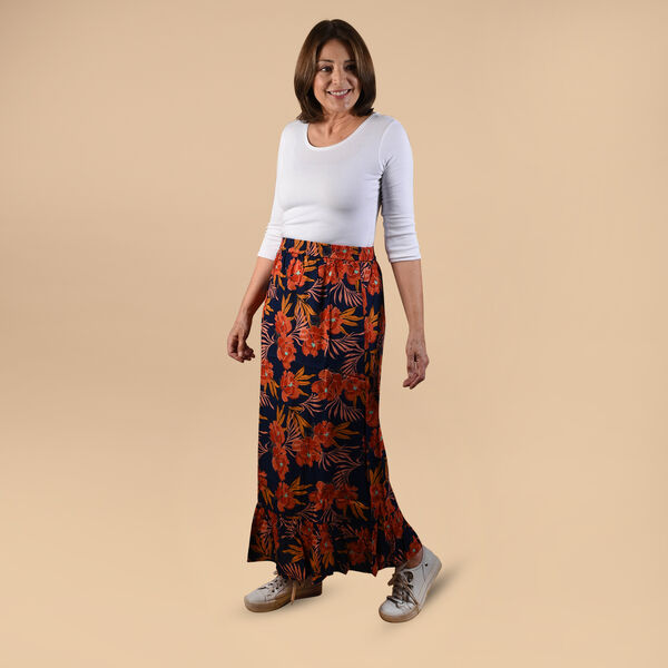 TAMSY 100% Viscose Floral Pattern Skirt (Size 8, 96x69 Cm) - Black & Orange