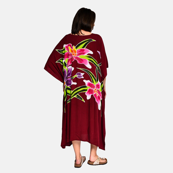 100% Viscose Handpainted Floral Pattern Short Kaftan (One Size) - Burgundy & Multi