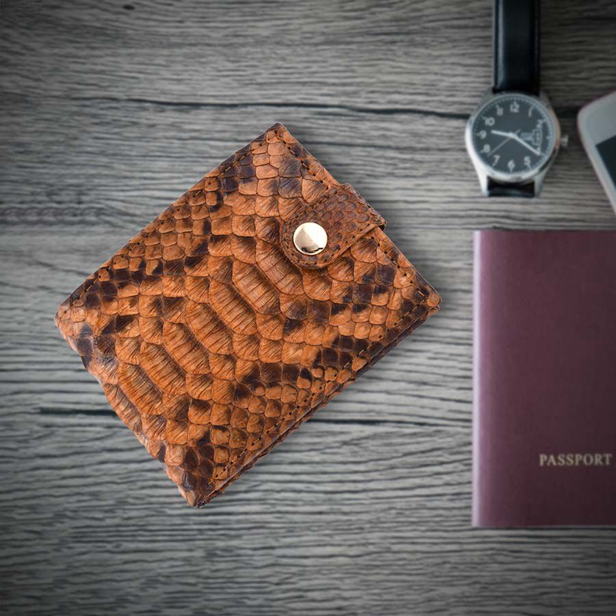 LA MAREY 100% Genuine Python Leather Snake Print Wallet (Size 11.5x9x2cm) - Tan
