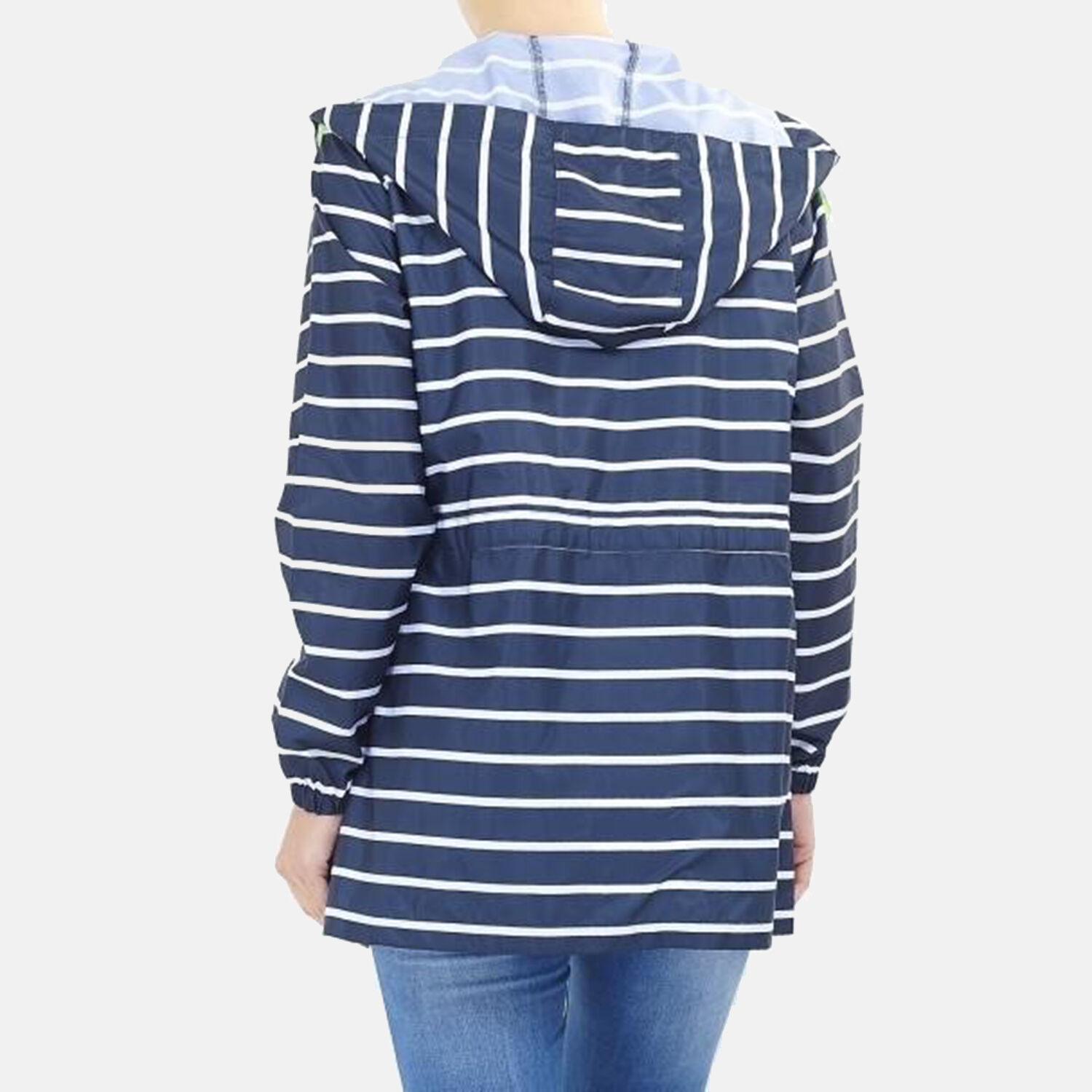 Brave Soul Stripe Pattern Water Resistant Hooded Rain Mac (Size 18) - Navy & White