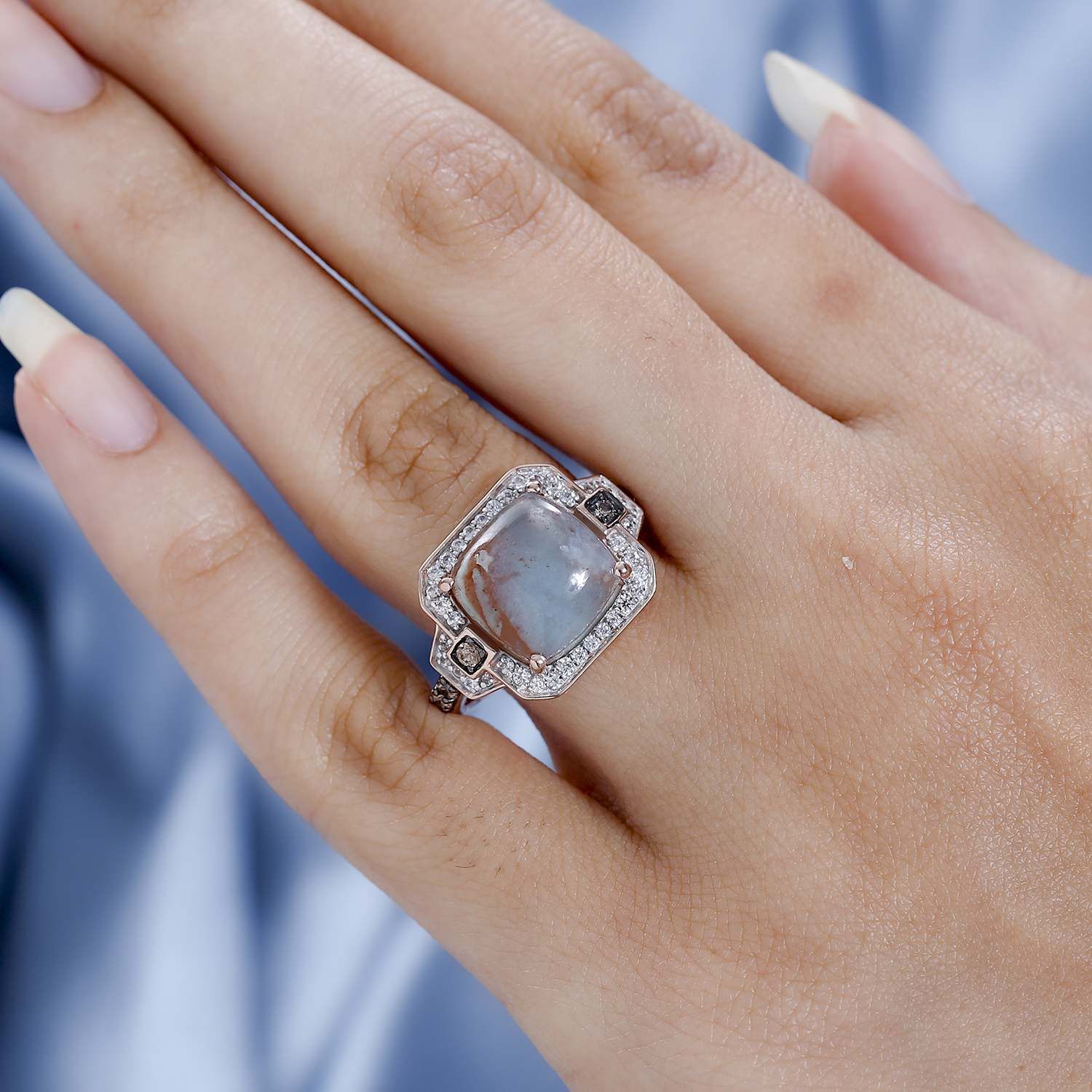 Zimbaprase, Natural White Zircon and Brown Zircon Ring in 18K Vermeil Rose Gold Plated Sterling Silver 6.88 Ct