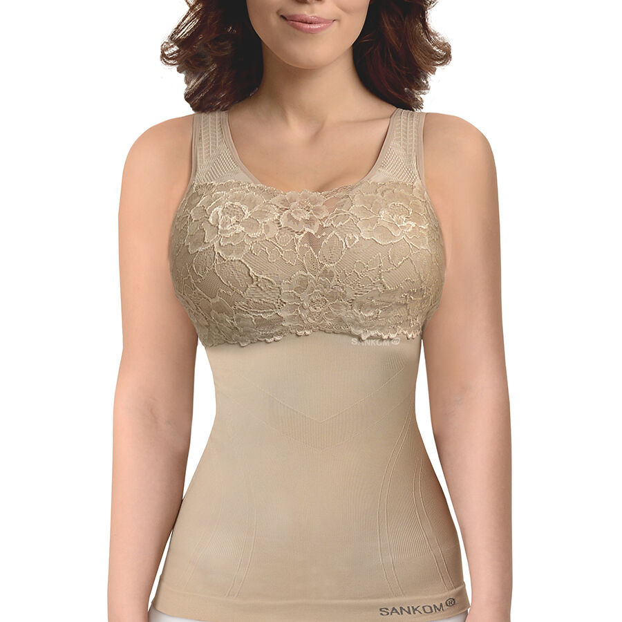 SANKOM SWITZERLAND Patent Vest with Bra and Lace - Beige (Size S-M - 8 to 10)