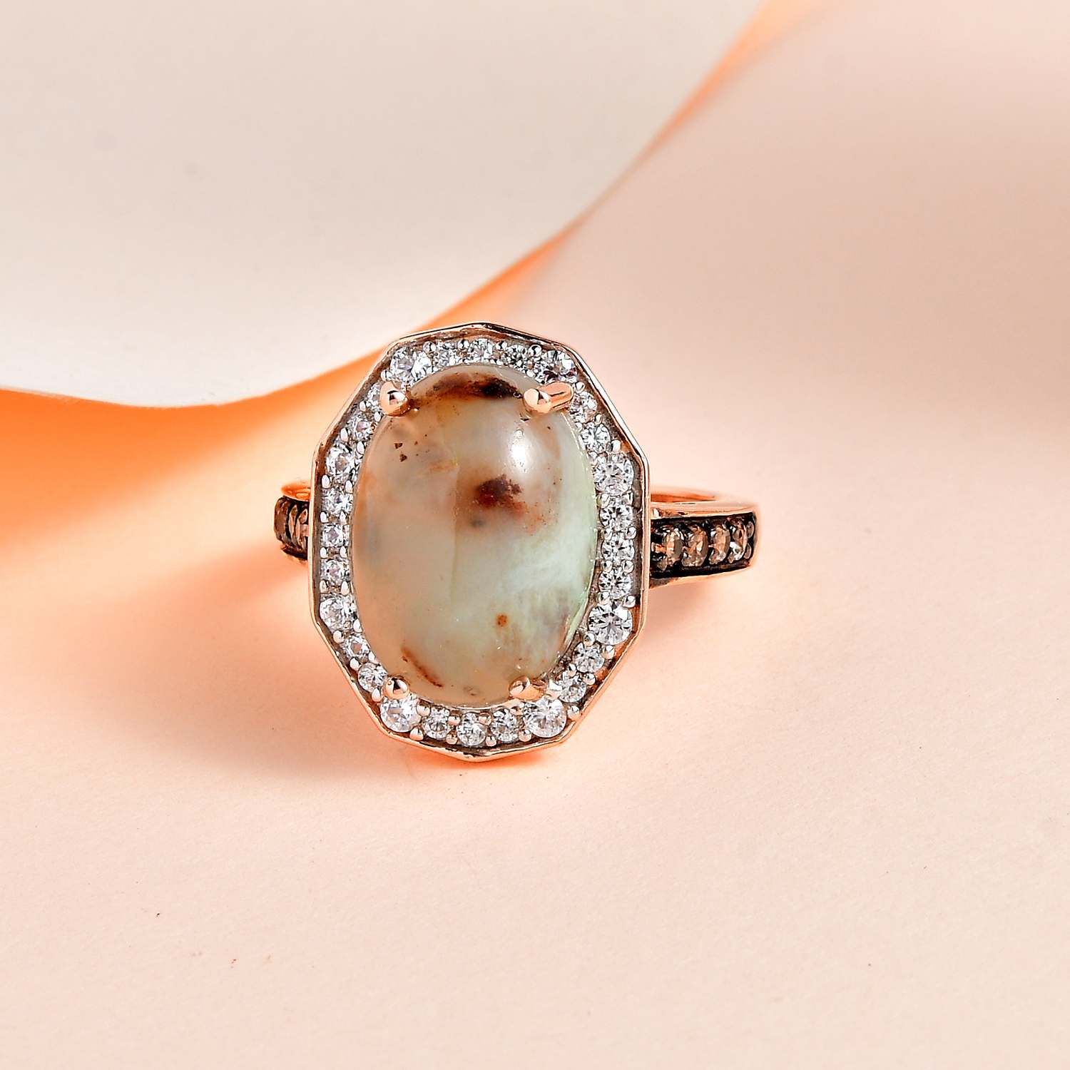 Zimbaprase, Natural White Zircon and Brown Zircon Ring in 18K Vermeil Rose Gold Plated Sterling Silver 6.60 Ct.